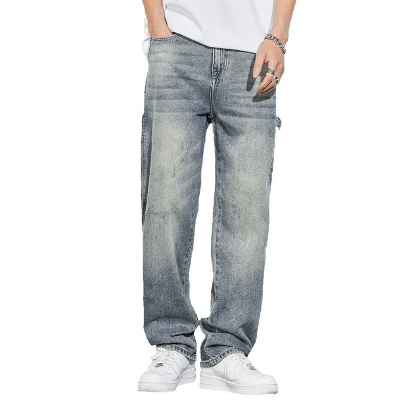 Spring Clothing High Quality Fabric Jeans Men Baggy Wide Leg Denim Pants Elastic Waist American trendy brand High Trousers Male