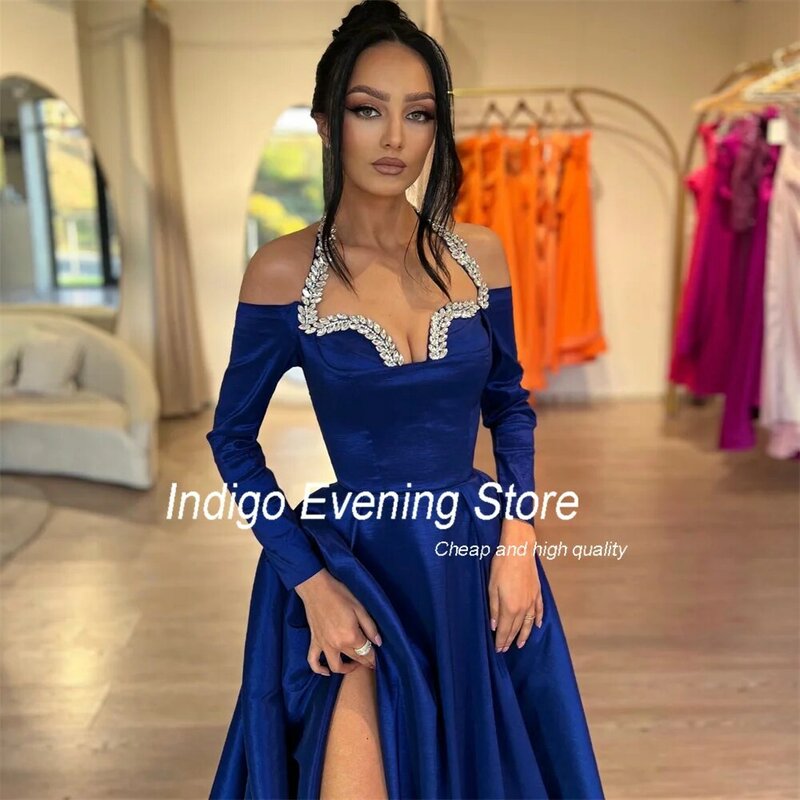 Indigo Prom Dresses Halter Neck Off Shoulder High Side Slit Crystal A Line Formal Occasion Dress For Women 2024 Vestidos De Gala