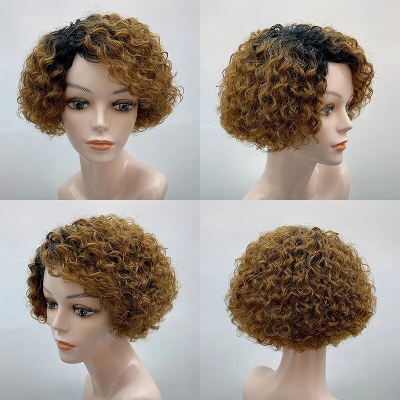 Curly Wave Side Part Wig para Mulheres Negras, Curto Bob, Pixie Cut, Remy Brasileiro Cabelo Humano, Profundo, Nenhum Lace Front Wig