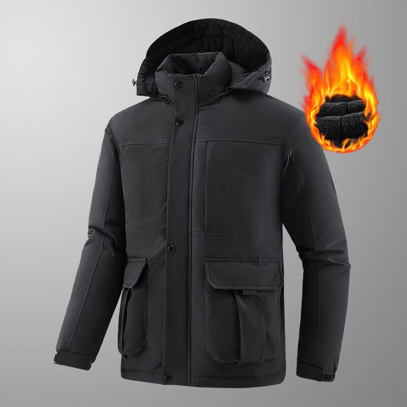 Men Outdoor Jacket Winter Fleece-lined Thickened Mountaineering Cold-Proof Cotton-Padded Clothing Casual Fashion Hooded Outwear