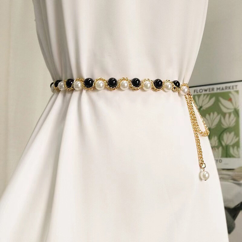 Elegante cintura di perle da donna catena in vita fibbia elastica cintura a catena di perle accessori per abbigliamento femminile