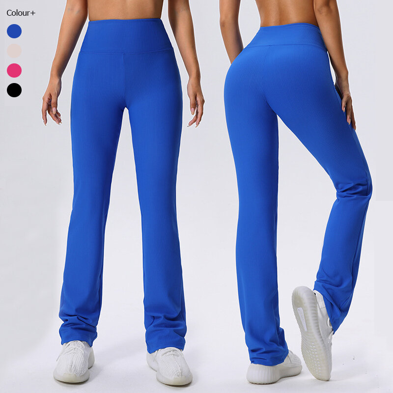 High Waist Yoga Pants Women Solid Color Ribbed Fabric Gym Flared Pants Breathable Quick Dry Sports Trousers Workout Clothes