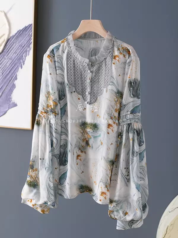 Шифоновая женская рубашка, летние винтажные блузки с принтом, свободные женские Топы с длинным рукавом, модная одежда в стиле пэчворк