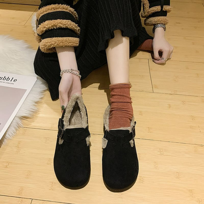 รองเท้าส้นเตี้ยผู้หญิงแบบสวมหัวกลม, รองเท้าผู้หญิงฤดูใบไม้ร่วงฤดูหนาวรองเท้าสลิปออนผ้าฝ้ายรองเท้าลุยหิมะแบบแบน PU แบบผูกเชือก