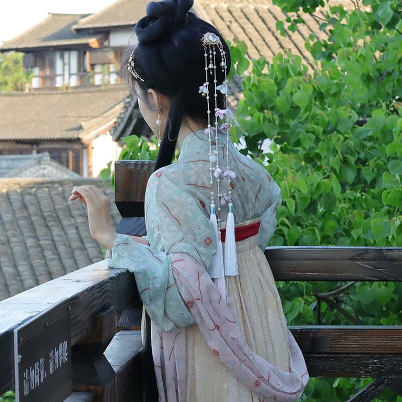 Aksesori rambut Hanfu gaya Cina baru jepit rambut Hanfu ornamen Cosplay wanita antik Oriental hiasan kepala bunga rumbai P1