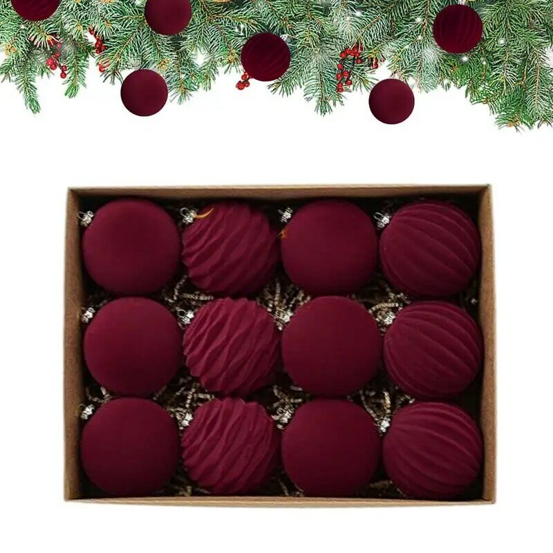 12pcs Red Flocking Christmas Tree Ornament Balls For Home Decor New Year Gift Xmas Balls Noel Navidad 2024 8cm