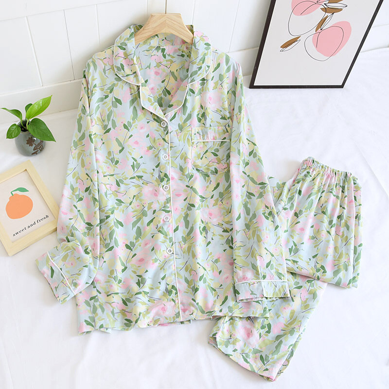 女性用ツーピースパジャマ,夏のビスコース,折り襟,長袖,パンツ,滑らかなプリント,睡眠用