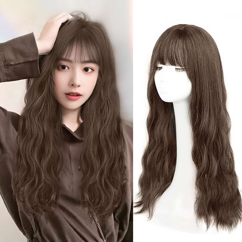 ALXNAN-Peluca de cabello sintético para mujer, cabellera larga y rizada con flequillo, color Natural, resistente al calor, ideal para fiesta