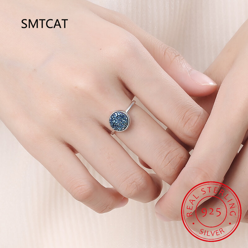 Real 925 Sterling Silver Round Blue Crystal Fragment Dream Star Planet Opening Ring for Women Wedding Party Fine Jewelry DS3515