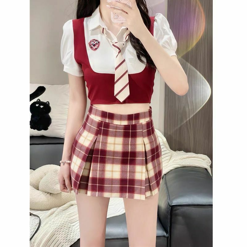 Anzug College-Stil JK Uniform Y2K Hemd Rock Set schlanke gestreifte Krawatte hohe Taille A-Linie Falten rock Mode Anzug 2024 Herbst