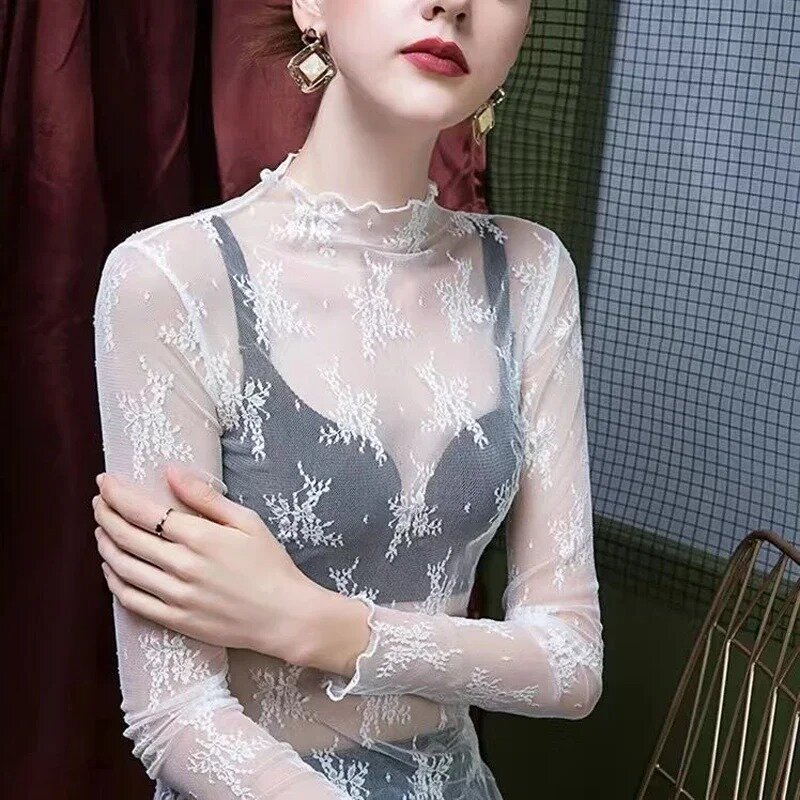 Female Leisure Women Mesh Top Long Sleeve See Through Lace T-shirts Sexy Transparent Fishnet Tops Clubwear Tee Shirts
