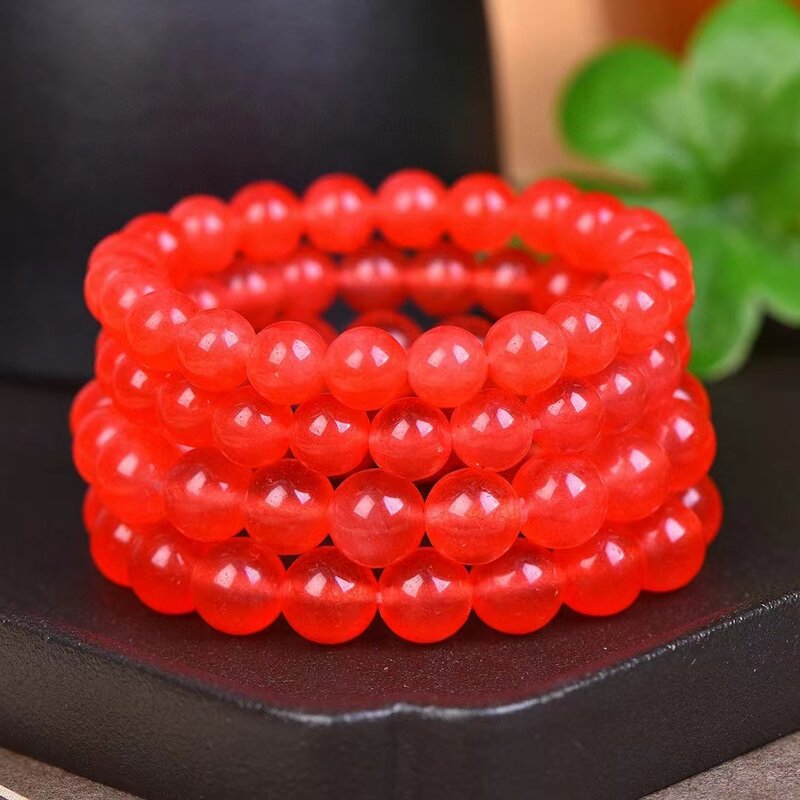 Strawberry kuarsa rantai tangan kristal alami pecinta batu bulat manik-manik Bangle wanita batu permata elastis gelang jimat perhiasan
