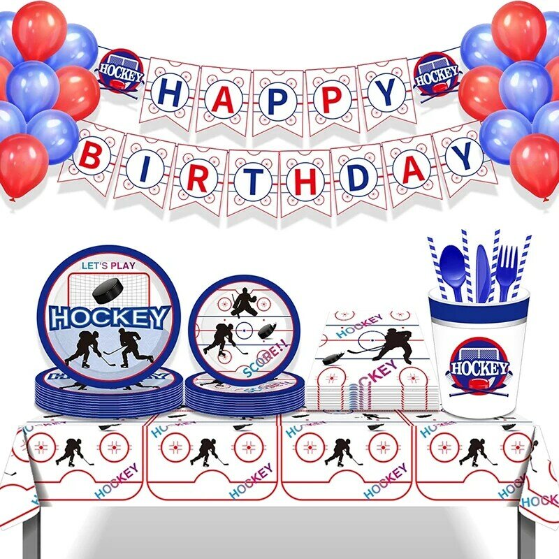 Decorazioni per feste di compleanno a tema Hockey Set di palloncini Banner di buon compleanno Cake Topper tema sportivo forniture per feste di hockey su ghiaccio