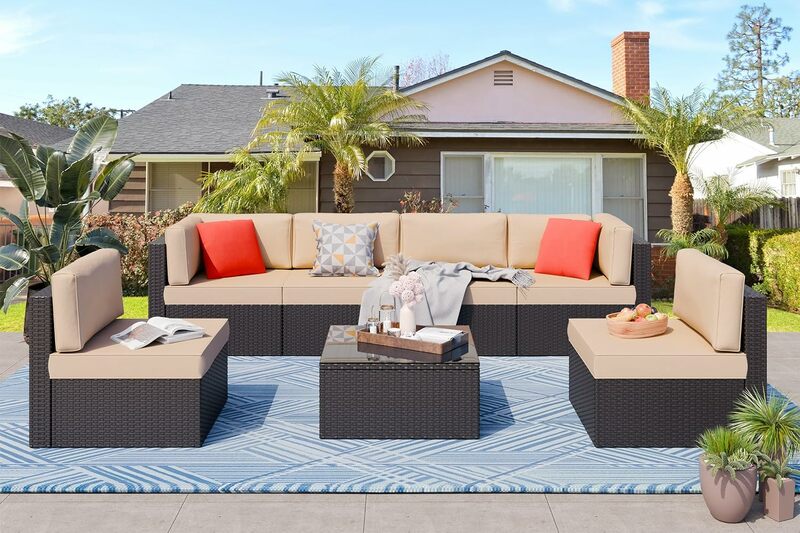 Set di mobili da giardino, Set componibile per divano da esterno in vimini marrone per tutte le stagioni, Set di piccole conversazioni per giardino/Patio con pouf
