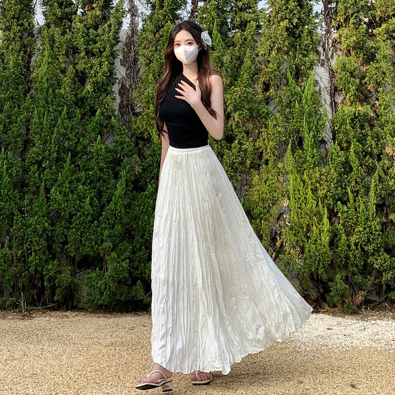Faldas largas plisadas de cintura alta para mujer, faldas plisadas informales con pliegues, estilo Kawaii, para primavera, verano y otoño, novedad de 2024