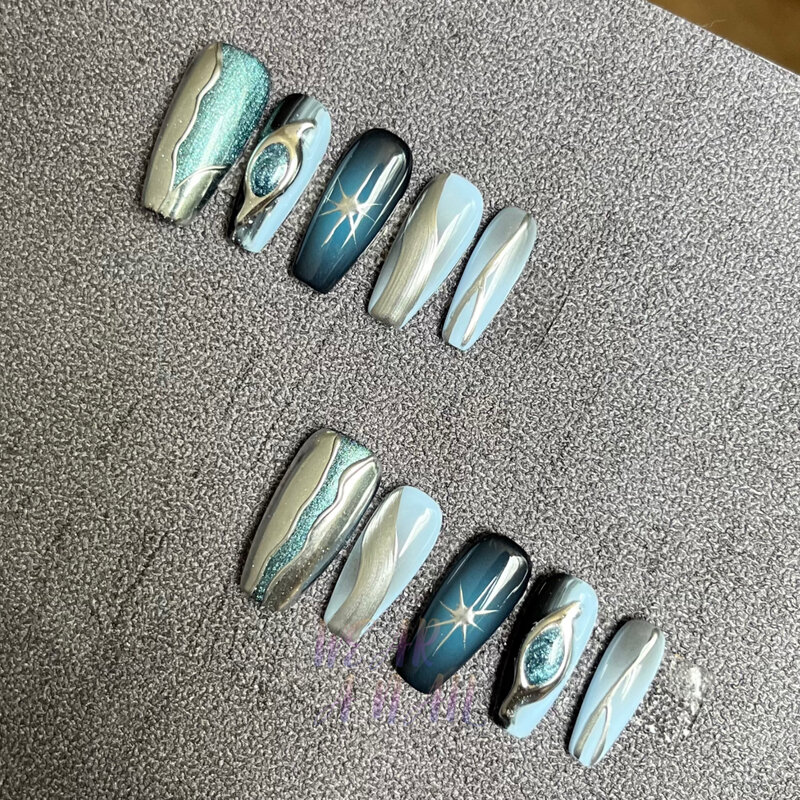 10PCS Blue Handmade y2k Metal Press On Nail Long Coffin Punk Elements Droplet Fake Nails Artificial Wearable Nails Art Tips