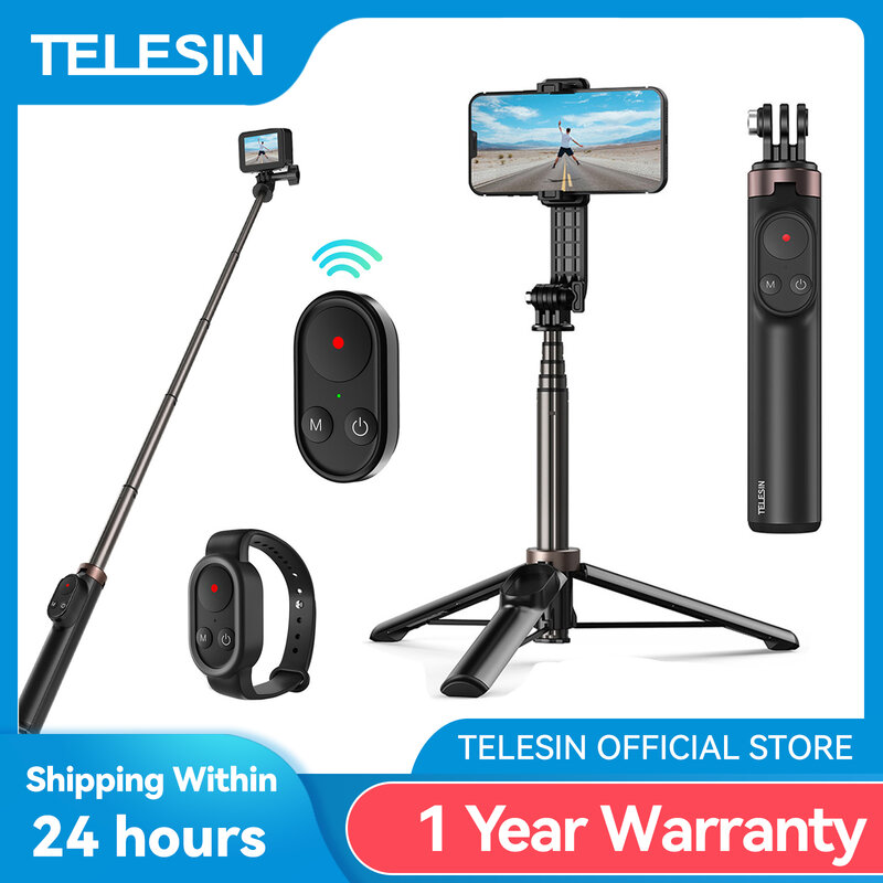 TELESIN-Vlog Selfie Stick Tripé, apto para GoPro Hero, Insta 360, câmera de ação DJI, smartphone com controle remoto sem fio Bluetooth, 1,3 m