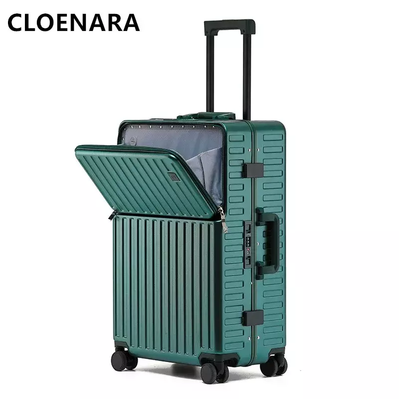 COLENARA PC Luggage Front Opening Aluminum Frame Trolley Case Men's Boarding Box 20"24 Inch Multi-function USB Charging Suitcase