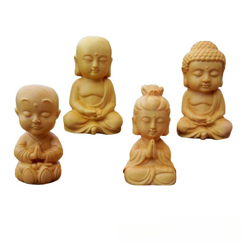 Charmant Geel Buxus Gesneden Miniatuur Boeddha Beeldje Met Voertuig Opknoping, Voor Auto/Decor/Geschenk Decoratieve Producten