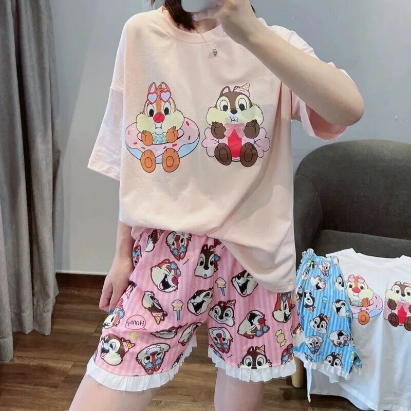 Disney Ruffle Oversize Y2k pigiama corto Kawaii scoiattolo stampa impiombato corto Plus Size pigiameria casa pantalone per le donne 2024 estate