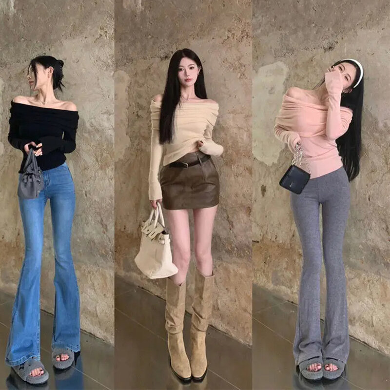 Czarna koszulki z długim rękawem koreańska modna solidna odzież Y2k przycięta koszulka Slim Sexy chudy Top kobiety