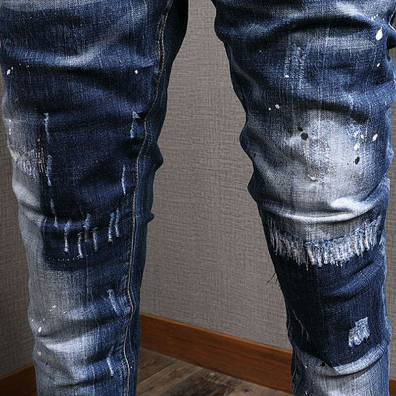 Jeans Pria Fashion Streetwear Jeans Sobek Pas Badan Retro Biru Ketat Celana Denim Kasual Vintage Desainer Lukisan Pria Hombre
