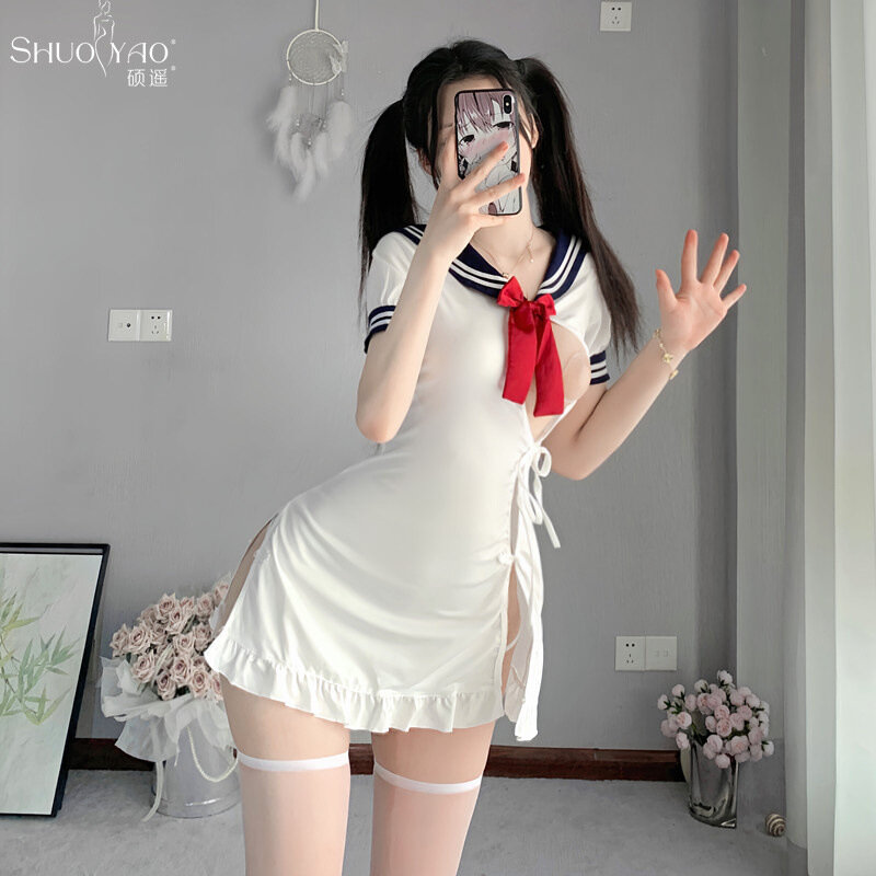 Sexy underwear sexy strap temptation high slit student outfit hollow out pure onesies for adults rompers for women