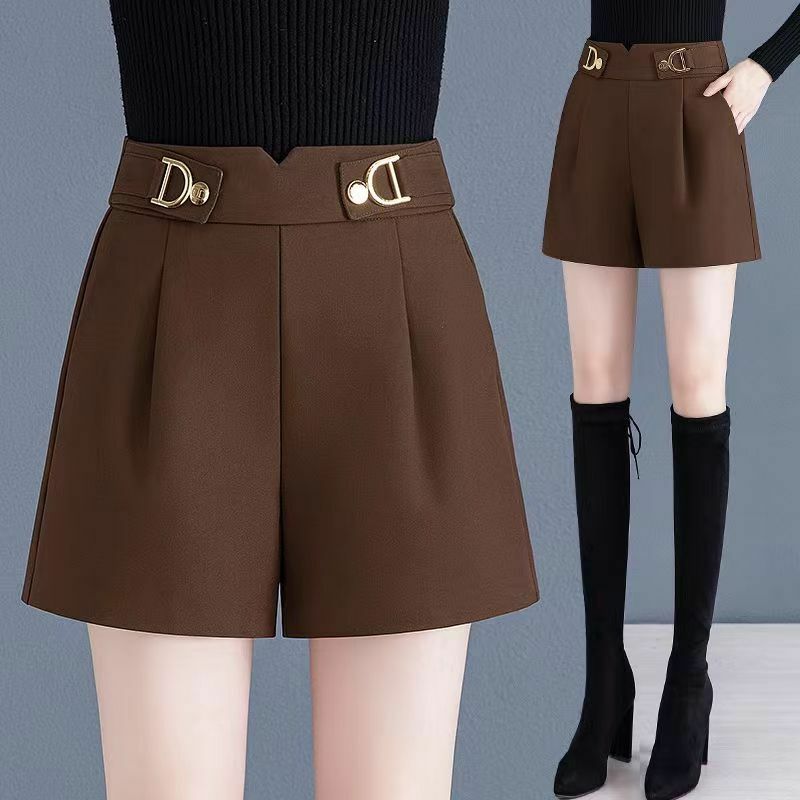 Spring New High Waist Loose Wide Leg A-line Shorts Women Solid Pockets Simple Fashion Korean Versatile Outwear Casual Suit Pants