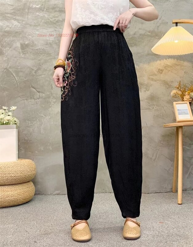 2024 pantaloni vintage cinesi pantaloni jacquard in raso ricamati a fiori nazionali pantaloni larghi popolari elastici in vita tradizionali