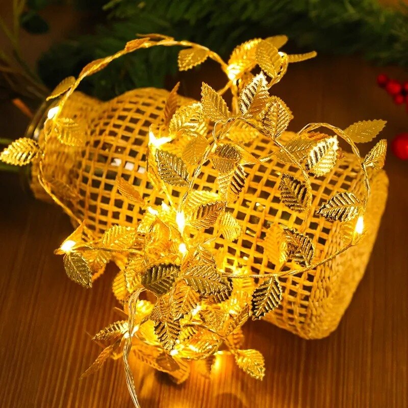 1/3PCS Artificial Leaf Rattan Light String Golden Fairy Lights Battery Box Powered New Year Home Party Xmas Decor Lamp String
