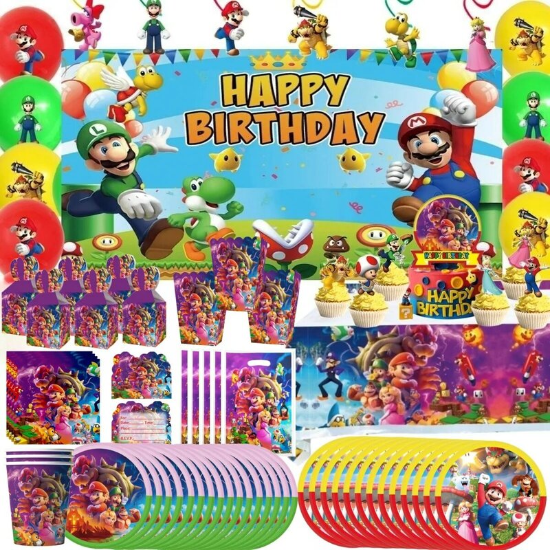 Game kartun dekorasi ulang tahun Super Bros, Set peralatan makan sekali pakai dekorasi cangkir piring Cupcake, perlengkapan pesta Baby Shower anak laki-laki