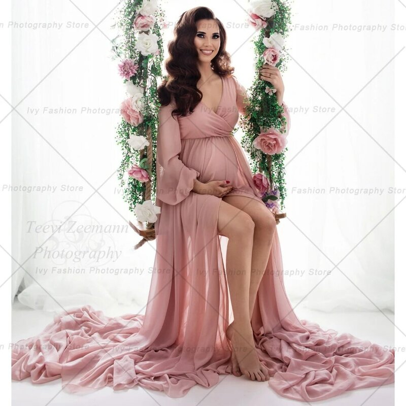 Vestido de maternidad para sesión de fotos, vestidos de embarazo, vestido de gasa rosa para Baby Shower, vestido de fotografía embarazada para mujer