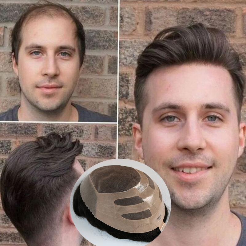 #1 warna kualitas tinggi rambut manusia pria rambut palsu ikat rambut Unit renda dengan NPU pria Sistem rambut pengganti tahan lama dan bernapas penjualan