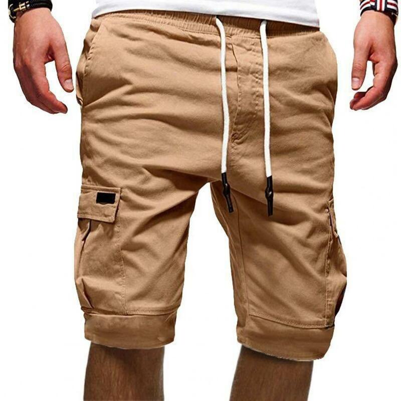 Summer Men Sports Cargo Shorts Casual Solid Color Multi Pockets Men Loose Drawstring Cargo Fitness Shorts pantalones cortos