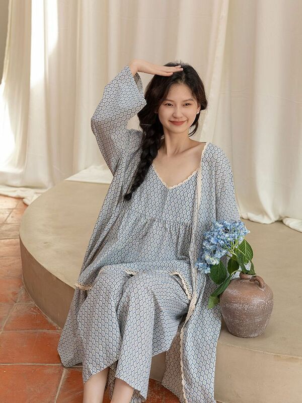 Women Spring Summer 3 Pcs Pajams Gown Set Female Sweet Geometric Printed Robe Top Pants Home Clothing Casual Loose Nightdress