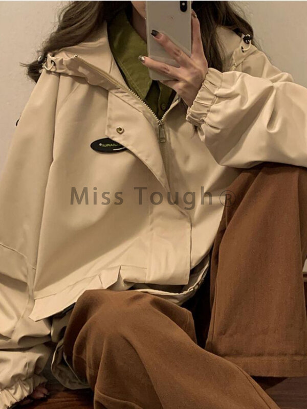 Giacca oversize con cappuccio donna Vintage giacca a vento allentata giacche donna coreana elegante Harajuku cappotto Casual con cerniera giacca da donna