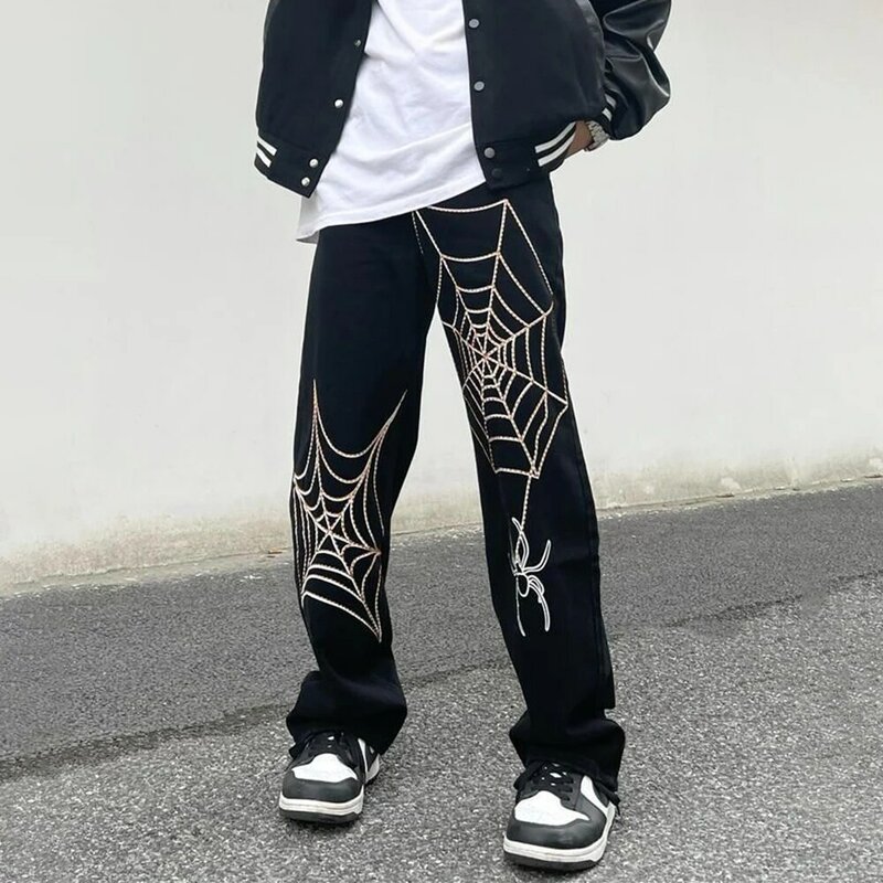 Embroidery Spider Web Straight Casual Jeans Pants Men Vibe Style Ripped Oversize Loose Denim Trousers Streetwear
