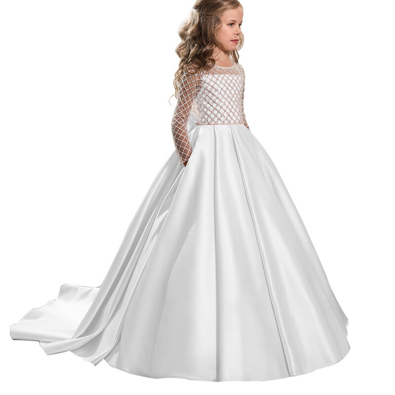Glitter Satin Princess Flower Girl Dresses Kids Long Sleeve First Communion Birthday Prom Wedding Party Ball Gown