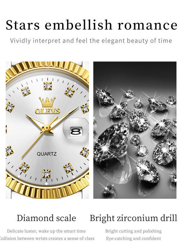 OLEVS 5526 jam tangan pasangan Quartz, Set arloji klasik bisnis minggu kencan berlian merek mewah tahan air