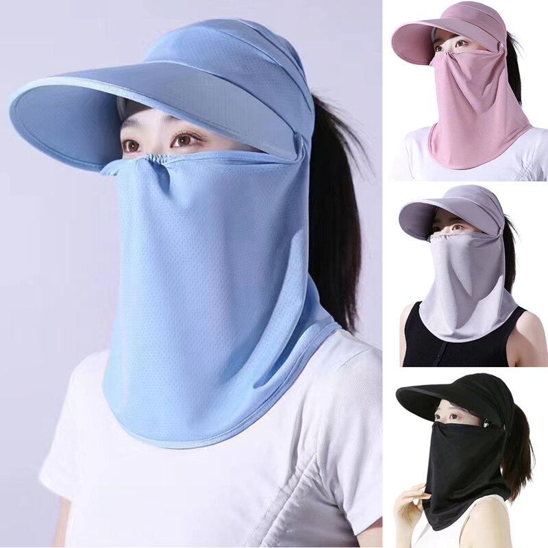 Máscara de proteção facial para mulheres, chapéu solar anti-UV para equitação ao ar livre, chapéu de aba grande dobrável