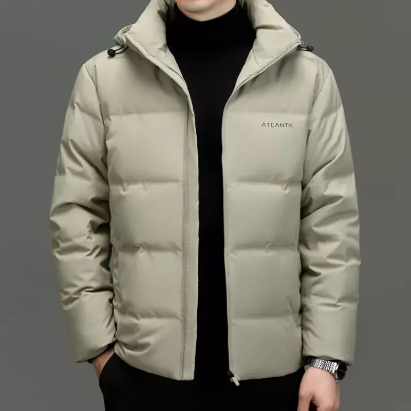 Męska zimowa ciepła wysokiej jakości wygodna i prosta płaszcz z kaczego puchu jednolity kolor z kapturem wszechstronna zimowa odzież męska