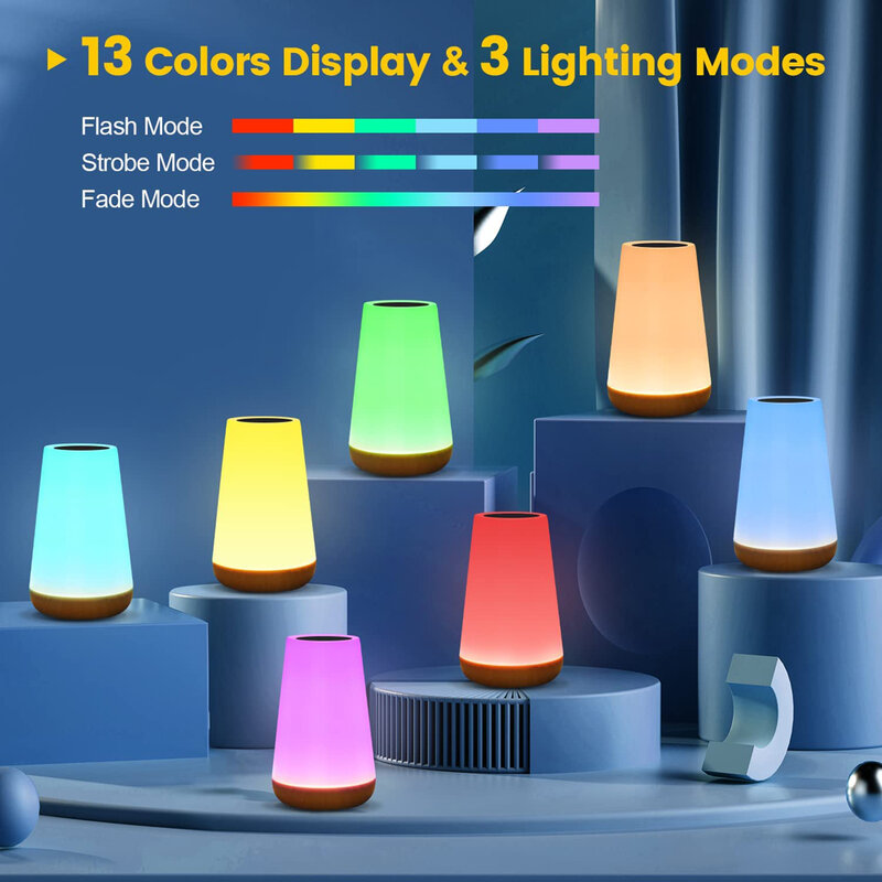 13 색 LED 야간 조명 변경 RGB 원격 제어 터치 밝기 조절 램프, 휴대용 테이블 침대 옆 램프 USB 충전식 야간 램프