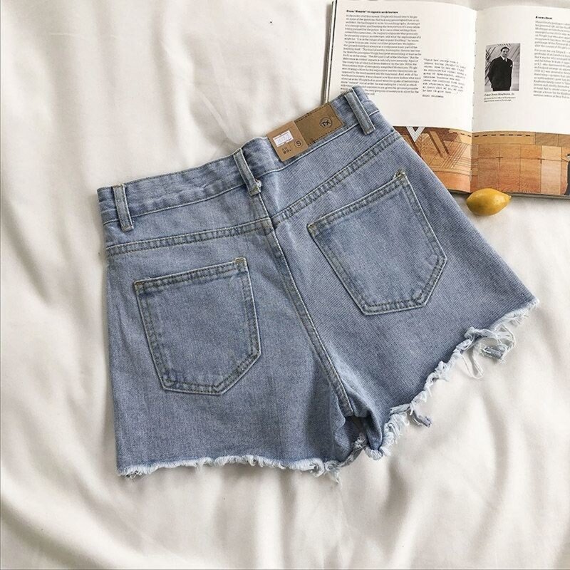 Calção jeans de cintura alta com borla, calça jeans rasgada de perna larga, bolso, nova, verão