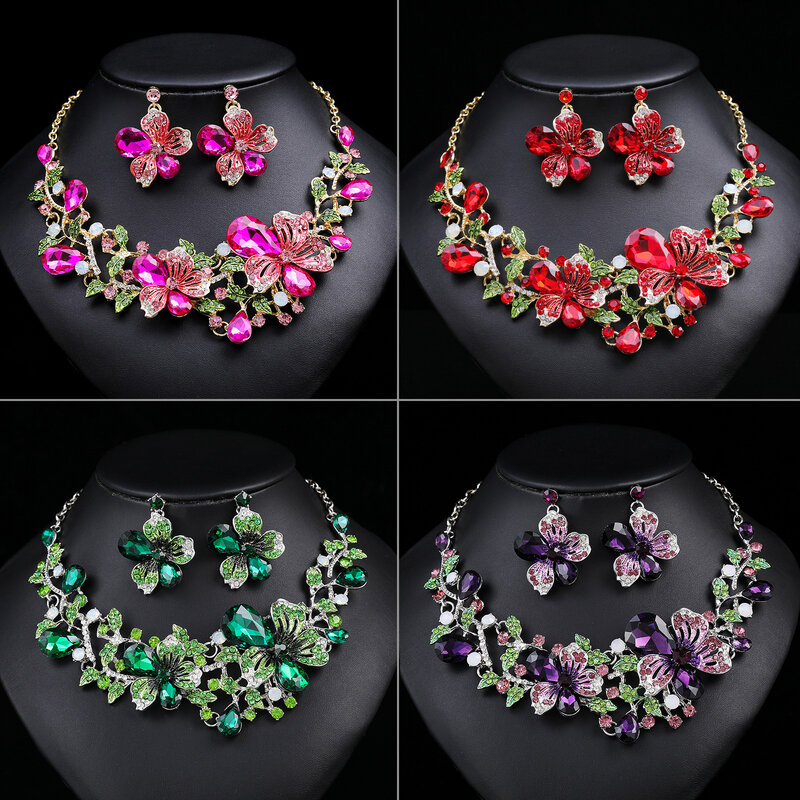 Hot selling luxury retro necklace earring set with colorful flower crystal bride necklace dress accessories collarbone chain
