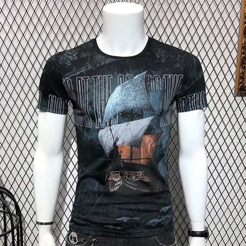 Camiseta masculina casual estampada pintada à mão, pulôveres grandes, camiseta que combina com tudo, roupa de verão, nova moda, 2024