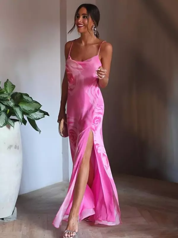 Suspender de chiffon estampado rosa feminino vestido maxi, vestido longo sem mangas, sexy sem encosto, lady chic holiday robe, elegante, verão