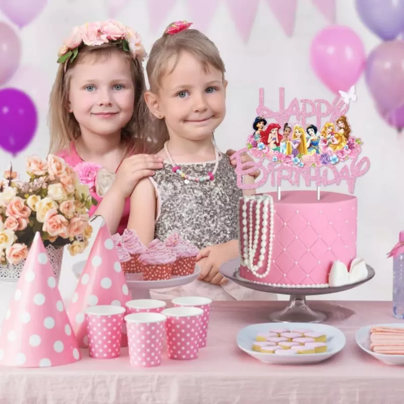 Disney Princess Cake Toppers Pink Glitter Princess Cake Decor per Baby Shower Kids Girls Birthday Party Cake Flag Decorations