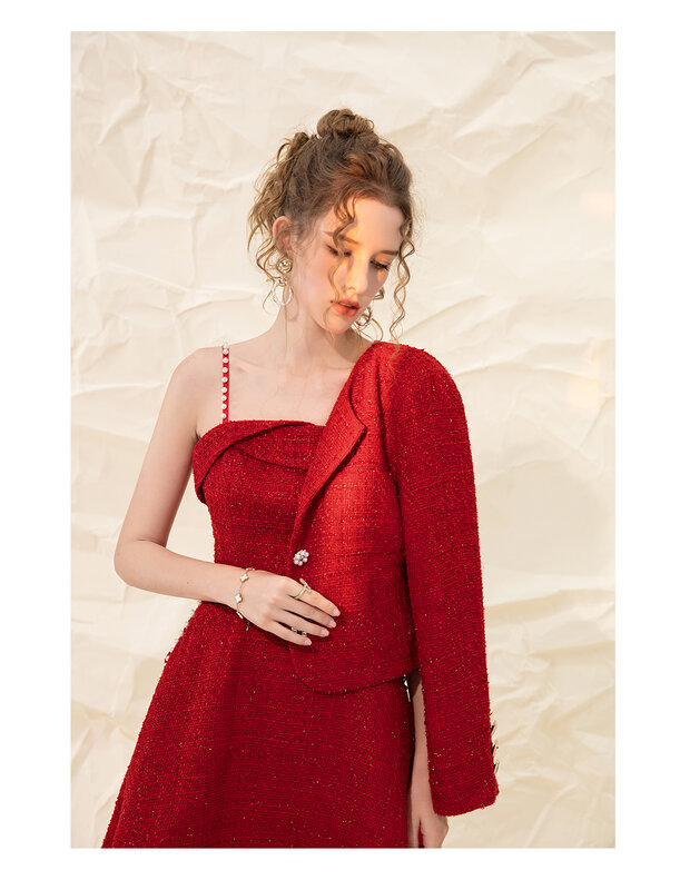 Gaun Wol Selempang Mutiara Retro Gaun Ayunan Setelan Merah Tahun Baru Wanita untuk Tamu Pernikahan