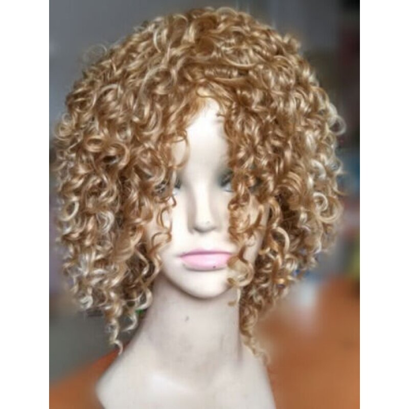 Женский парик с золотистыми вьющимися волосами, показывающий высокую температуру