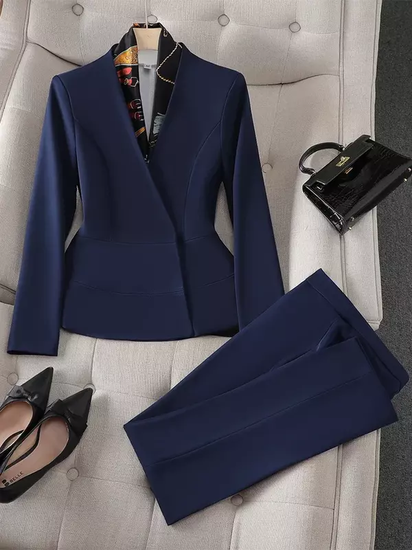 Conjunto de blazer e calças com dois patchwork estampado para mulheres, branco e azul, gola em v, jaqueta fina para senhoras do escritório, terno formal feminino, moda